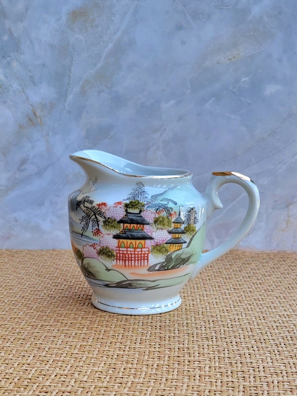 Vintage Japanese Kutani Porcelain Hand-Painted Creamer Pitcher Pagodas/Landscape